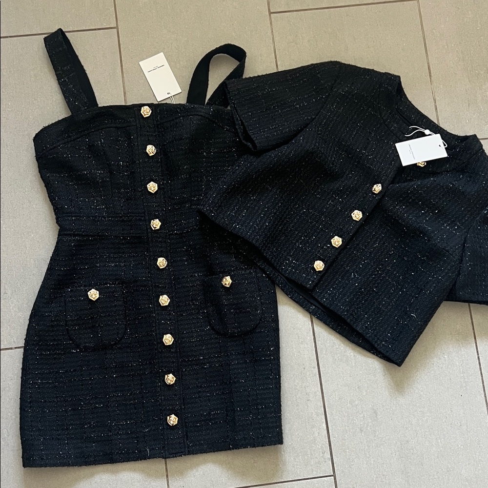 Amanda Uprichard Black Tweed Dress and Jacket Set with Gold Buttons